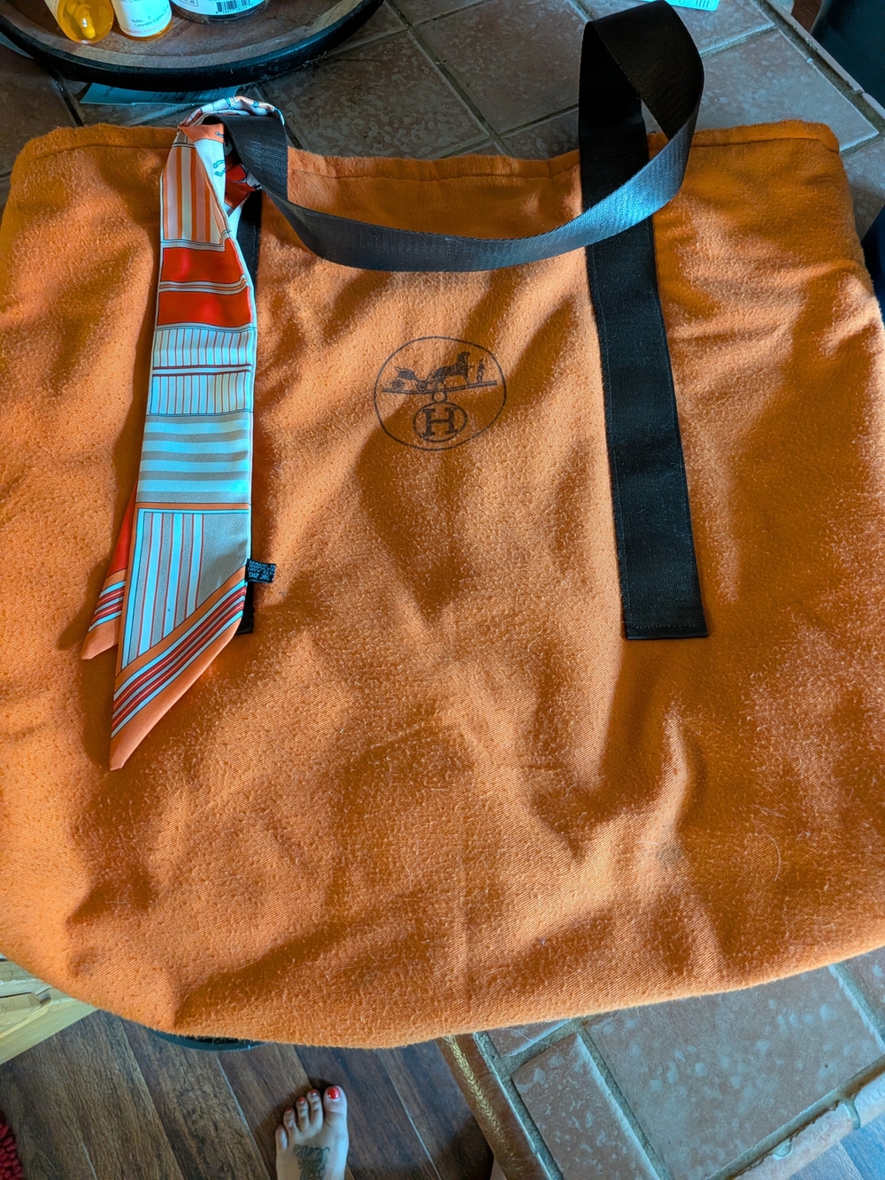 Orange Hermes Repurposed DustbagTote with Scarf Accent